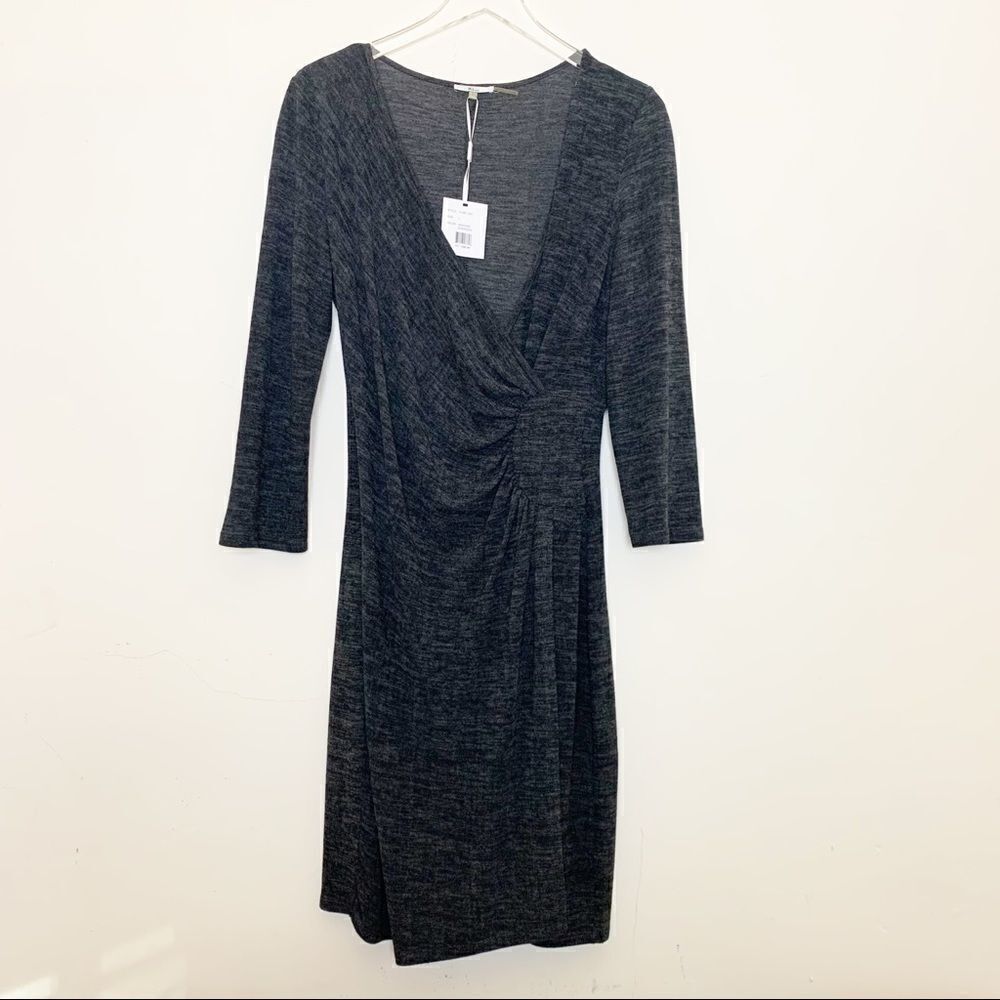 Milano Heather Grey Jersey Knit Side Ruched Faux Wrap Dress, Large